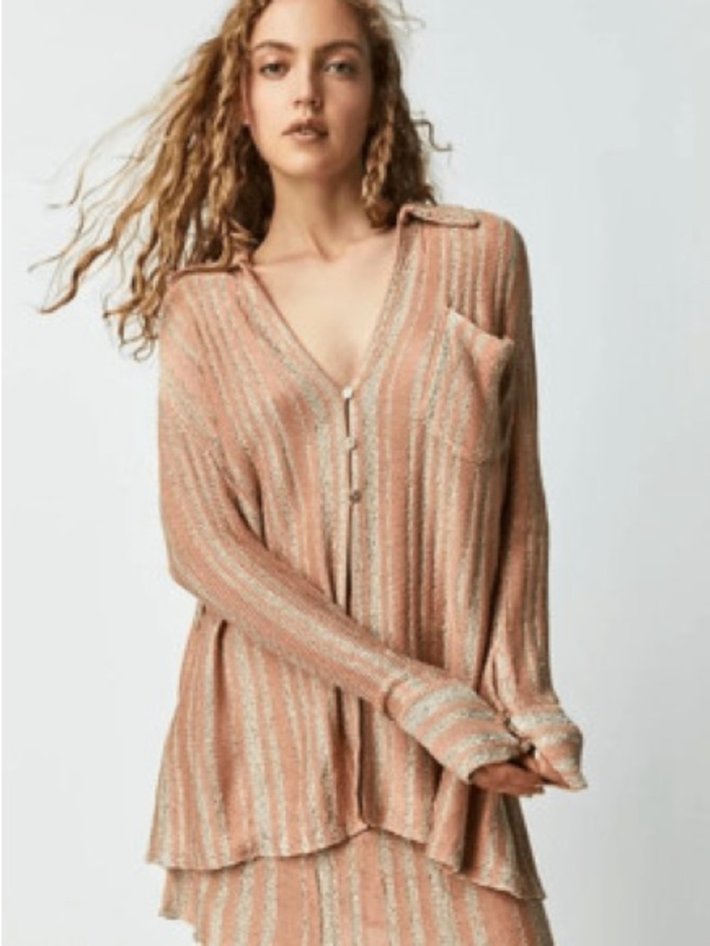 PRE-OWNED SIZE L Free People Peach Metallic-Striped V-Neck Button Tunic Top